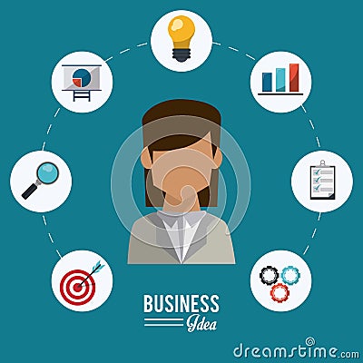 Colorful poster of businesswoman with icons set steps business idea Vector Illustration