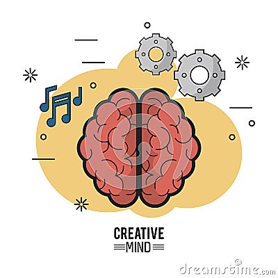 Colorful poster of creative mind with the brain top view of its two hemispheres and icons of pinions and musical notes Vector Illustration