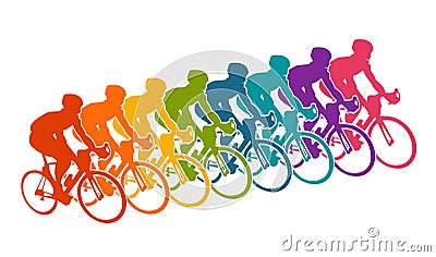 Colorful poster with cyclists riding bicycles. Cycling poses in bright silhouettes. Bicycle road racers. Competition and marathon. Stock Photo
