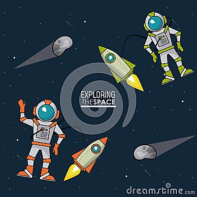 Colorful poster exploring the space with spaceships astronauts and asteroids Vector Illustration