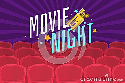 Colorful poster movie night with cinema, tickets and chairs. Vector Illustration