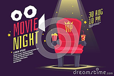 Colorful poster movie night with a projector, reels, seat and ticket. Vector Illustration