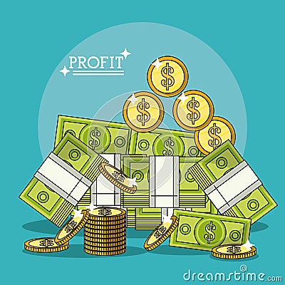 Colorful poster with profit stack banknotes and coins Vector Illustration