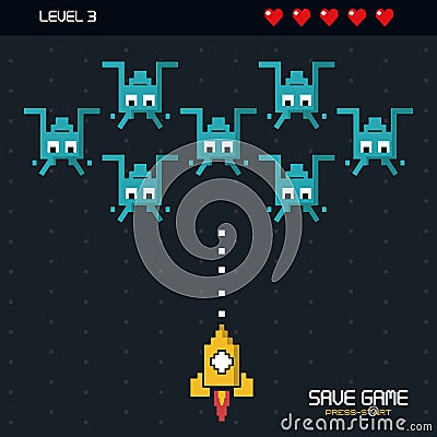 Colorful poster of save game press start with graphics of spatial game in level three Vector Illustration