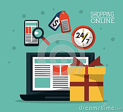 Colorful poster shopping online with laptop computer and gift buying online Vector Illustration