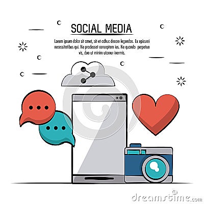 Colorful poster of social media with smartphone and icons heart and and camera and speech bubble and cloud link Vector Illustration