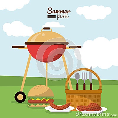 Colorful poster of summer picnic with field landscape with picnic basket and charcoal grill and dishes with sausage and Vector Illustration