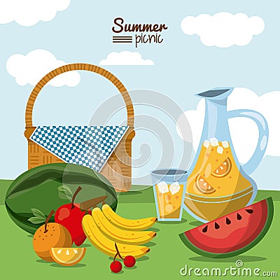 Colorful poster of summer picnic with field landscape and picnic basket with juice jar and fruits Vector Illustration