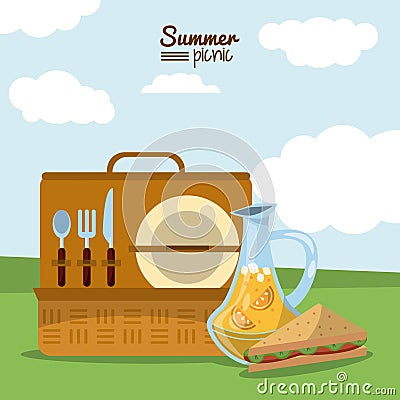 Colorful poster of summer picnic with outdoor landscape and picnic basket with cutlery set and juice jar and sandwich Vector Illustration