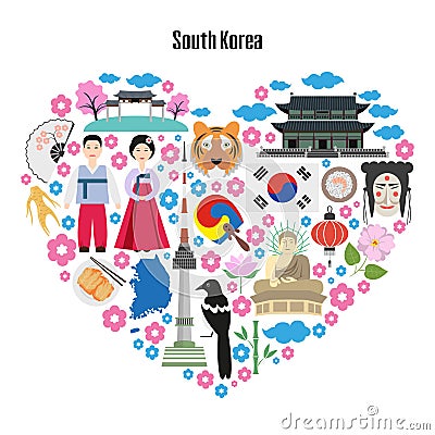 Colorful poster with symbols of South Korea. Vector Illustration