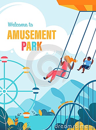 Colorful Poster Welcome to Amusement Park Flat. Vector Illustration