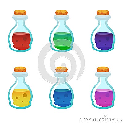 Colorful potion bottle icons set. Assets set for game design and web application. Stock Photo