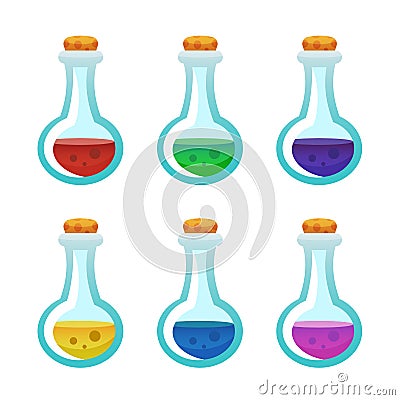 Colorful potion bottle icons set. Assets set for game design and web application. Stock Photo