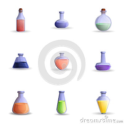 Colorful potion icon set, cartoon style Vector Illustration