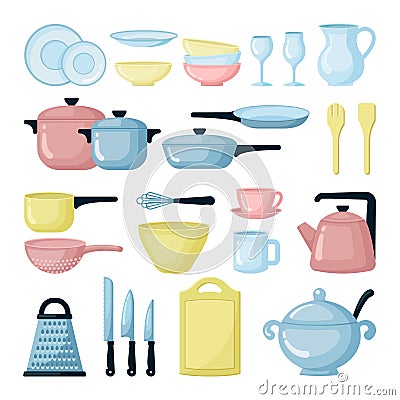 Colorful pots and pans flat illustrations set Vector Illustration