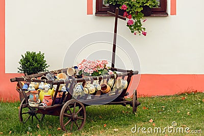 Colorful pottery on display, Holasovice Stock Photo