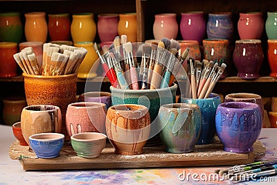 colorful pottery glazes and brushes Stock Photo