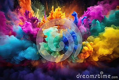 Colorful Powder Clouds Forming Festive Rainbow Explosion. Generative AI Stock Photo