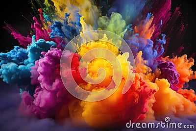 Colorful Powder Clouds Forming Festive Rainbow Explosion. Generative AI Stock Photo