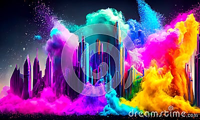 Colorful powder creates a magical explosion futuristic cityscape Stock Photo