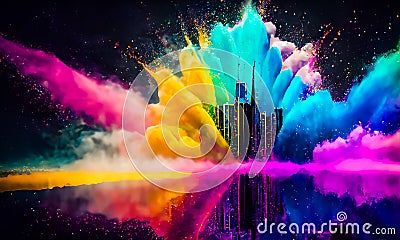 Colorful powder creates a magical explosion futuristic cityscape Stock Photo