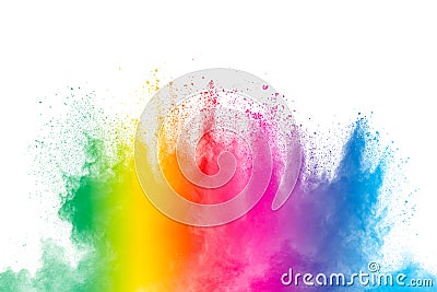 Colorful powder explosion on white background. Abstract pastel color dust particles splash Stock Photo
