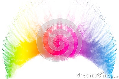 Colorful powder explosion on white background.Colored dust particle splash.Painted Holi Stock Photo