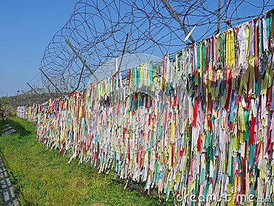 Colorful prayer ribbons at Imjingak Park near DMZ or demilitarized zone. Editorial Stock Photo