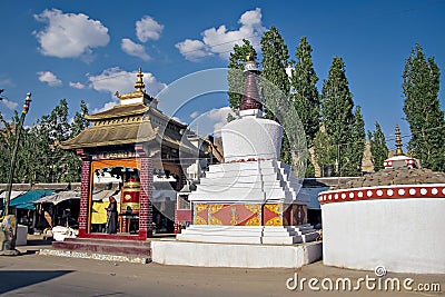 Colorful prayer wheels temple with blue clear sky background in Leh city Editorial Stock Photo