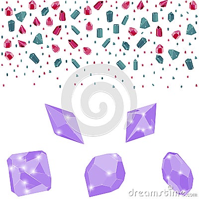 Colorful precious crystal jewels border and lilac gems isolated on white background Cartoon Illustration