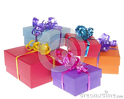 Colorful present boxes with ribbon stacked Stock Photo