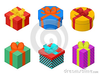 Colorful present and gift boxes with ribbon bows. Isometric view Vector Illustration