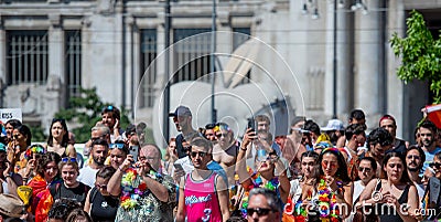 The colorful pride parade in Milan with happy people and to love freely Editorial Stock Photo