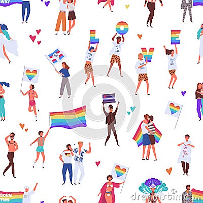 Colorful pride parade seamless pattern. Crowd of gay, lesbian, bisexual, transgender activists holding flags and Vector Illustration