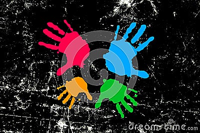 Colorful prints of hand on white and black background Stock Photo