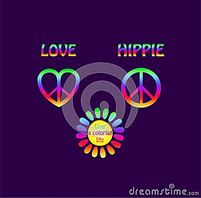 Colorful prints variation with daisy, heart shape, hippie peace sign, love and hippie word on dark violet background Vector Illustration