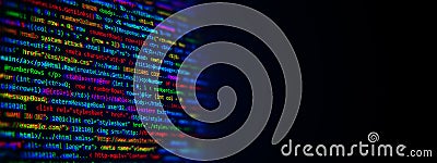 Colorful programming code on dark background with empty space on the right. 3D Rendering Stock Photo