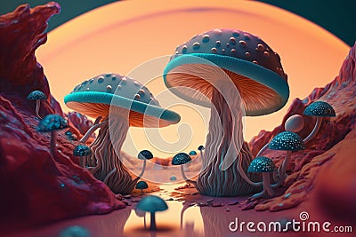 Psychedelic mushrooms trip into wellness and escapism with surrealis and vibrant trippy illustrations Cartoon Illustration