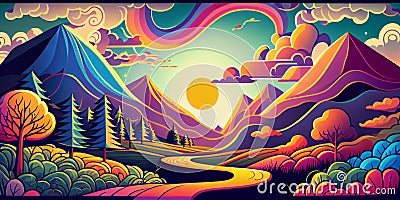 Colorful psychedelic landscape cartoon style wallpaper. 70s Hippie Clouds, Rainbows, sun, mountains background Stock Photo