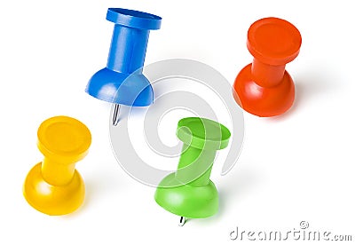 Colorful push pins set with shadows isolated on Stock Photo