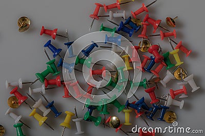 colorful pushpin with gray background . Stock Photo