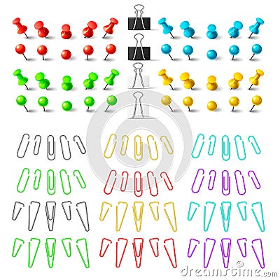 Colorful pushpins and paperclips binders, stationer elements. To Stock Photo