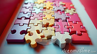 Colorful puzzle pieces arranged in a row, some slightly dislodged, suggesting a process of completion or problem-solving Stock Photo