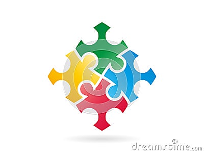 Colorful puzzle pieces forming a whole square in movement. Vector graphic illustration template. Vector Illustration