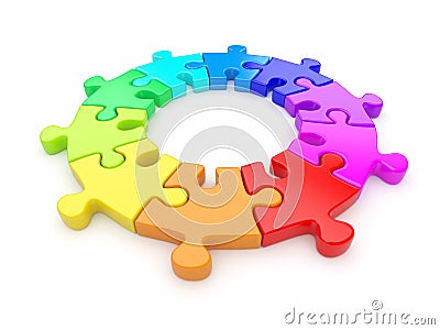 Colorful puzzle ring 3D. Team. Isolated Stock Photo