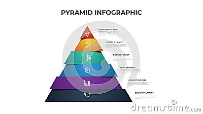 Colorful pyramid infographic template vector with 6 steps, list, levels diagram. Triangle segmented layout for presentation Vector Illustration