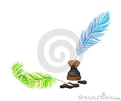 Colorful Quill Pens and Inkstand with Ink Stains Vector Illustration Vector Illustration