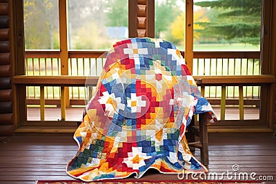 a colorful quilt draped over a wooden chair Stock Photo