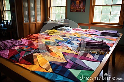 colorful quilt squares spread out on a table Stock Photo