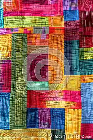 Colorful quilted fabric with geometric stitching. Textile art close-up. Modern quilting design Stock Photo